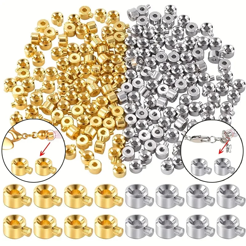 A collection of gold and silver jewelry findings stoppers spacers for connectors, including various sizes and shapes.
