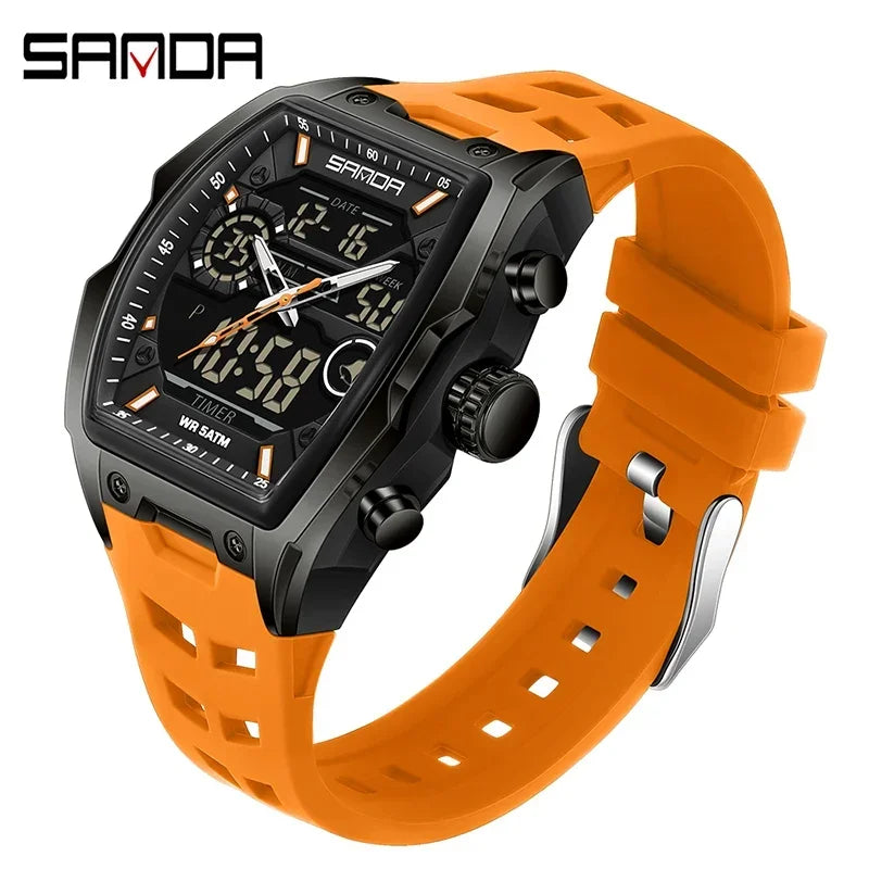 Orange und schwarz, Herren-Chronographen-Armbanduhr mit Lederband.