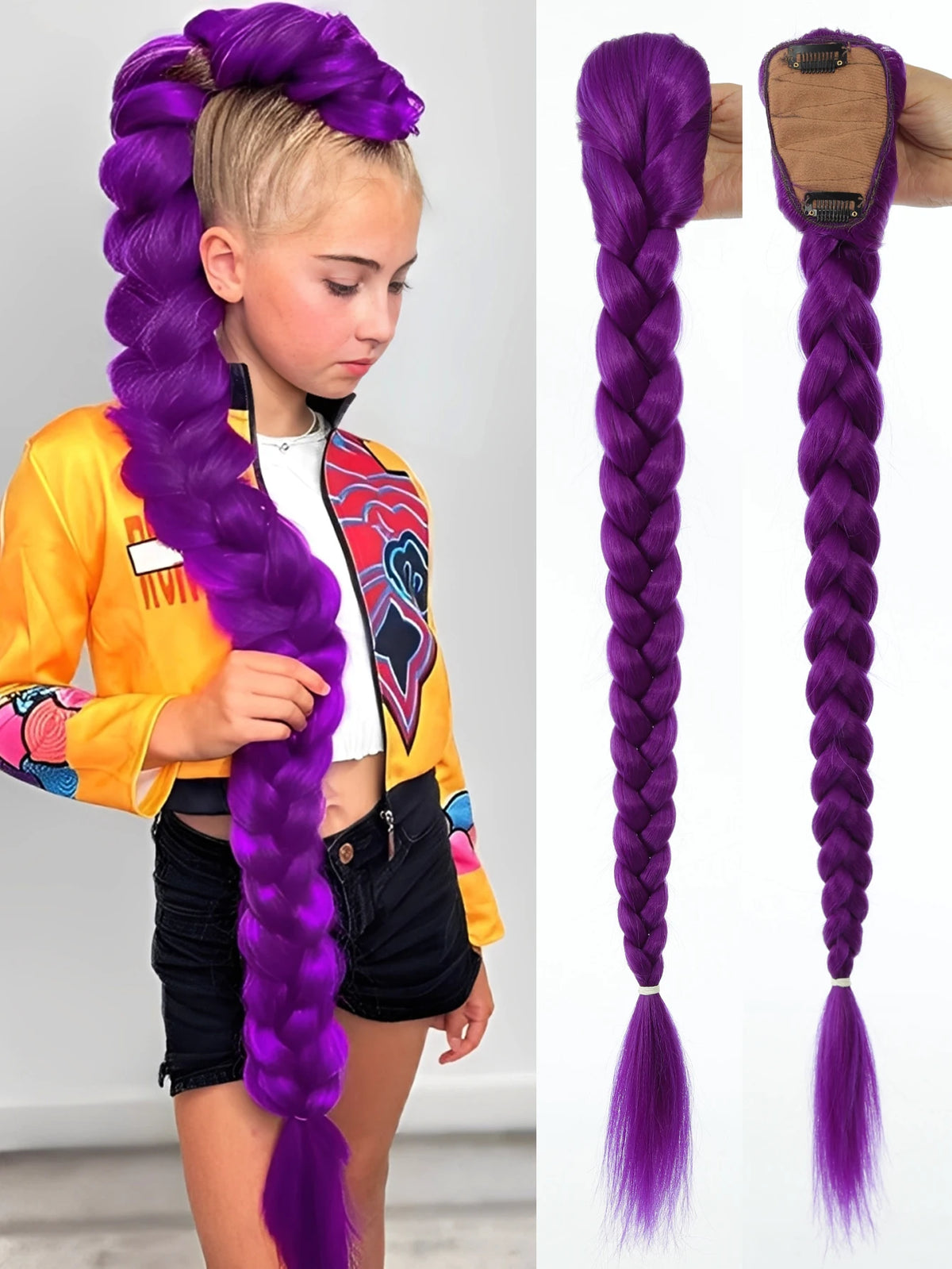 A close-up of a girl wearing a long purple synthetic braided ponytail hairstyle.