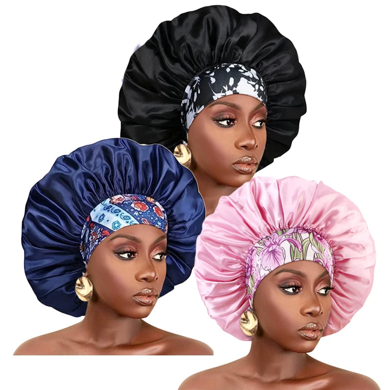 A model wears a black satin sleep bonnet with an elastic band and a patterned fabric.