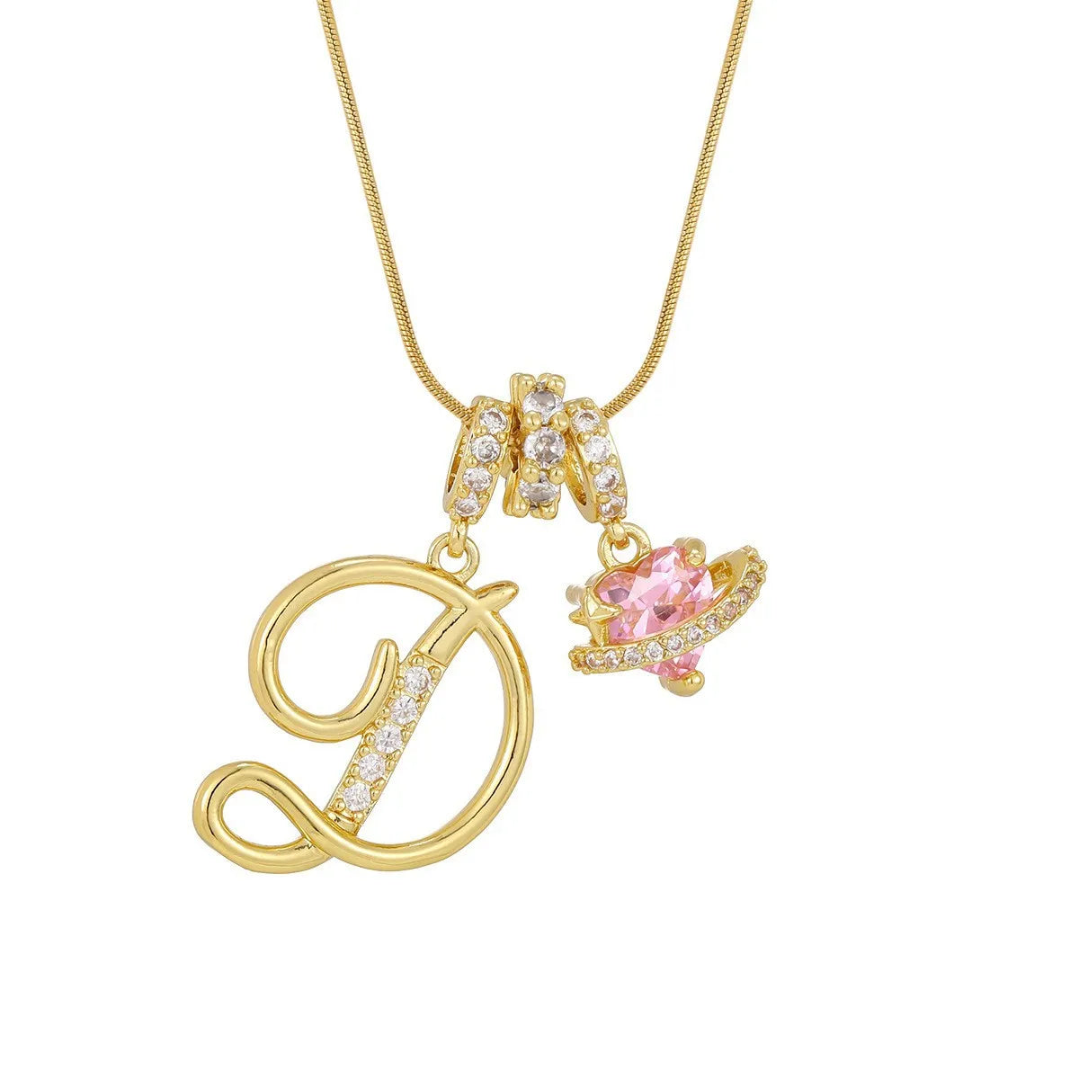 Gold letter D pendant necklace with pink gemstone charm