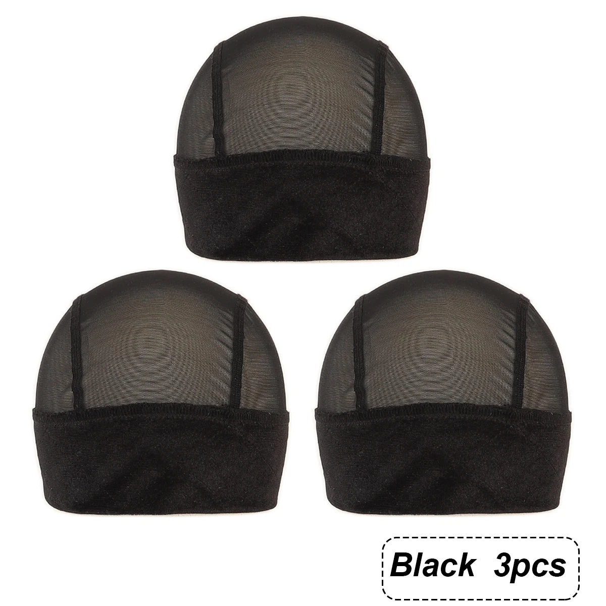Three black adjustable velvet wig grip caps shown from the top view.