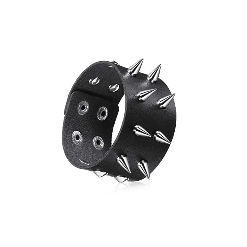 Set of black leather cuff bracelets with silver spikes and studs