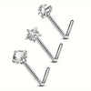 Three sterling silver heart and star zirconia nostril stud earrings