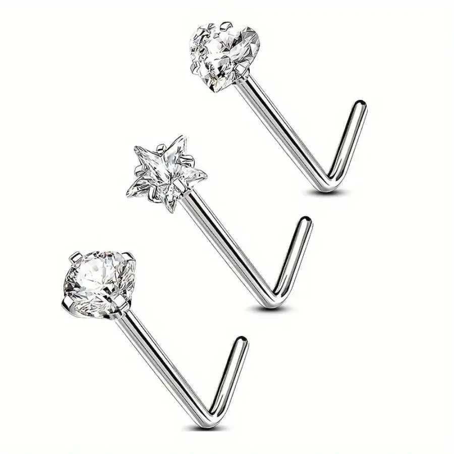 Three sterling silver heart and star zirconia nostril stud earrings