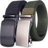A close-up of a tactical canvas utility belt featuring black and olive green webbing and a brushed metal buckle.