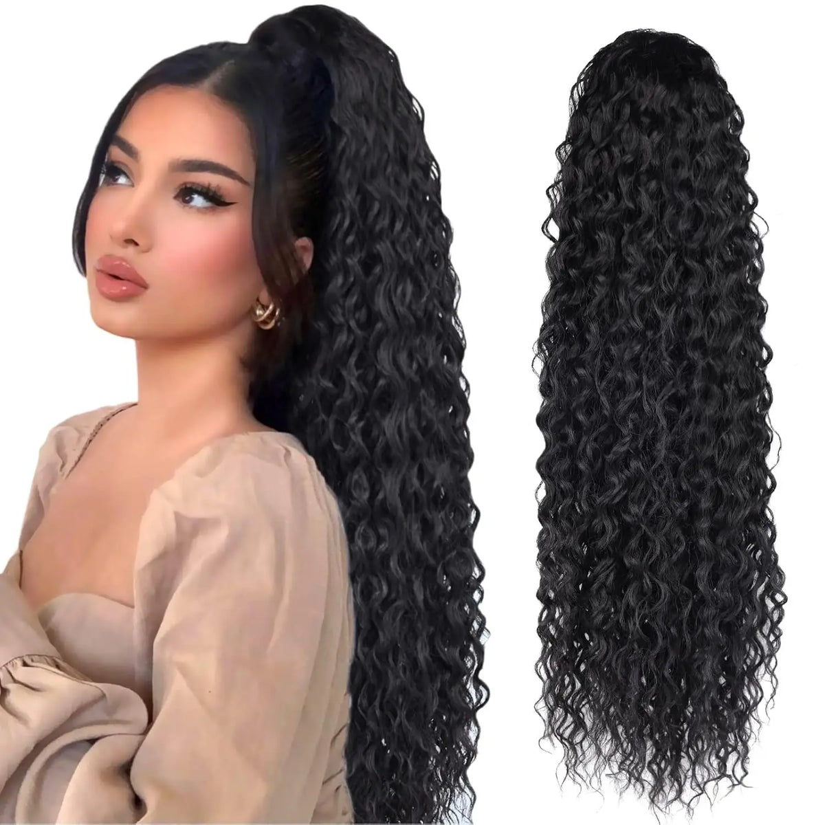A woman shows off a long black curly wave hair extension with a drawstring ponytail.