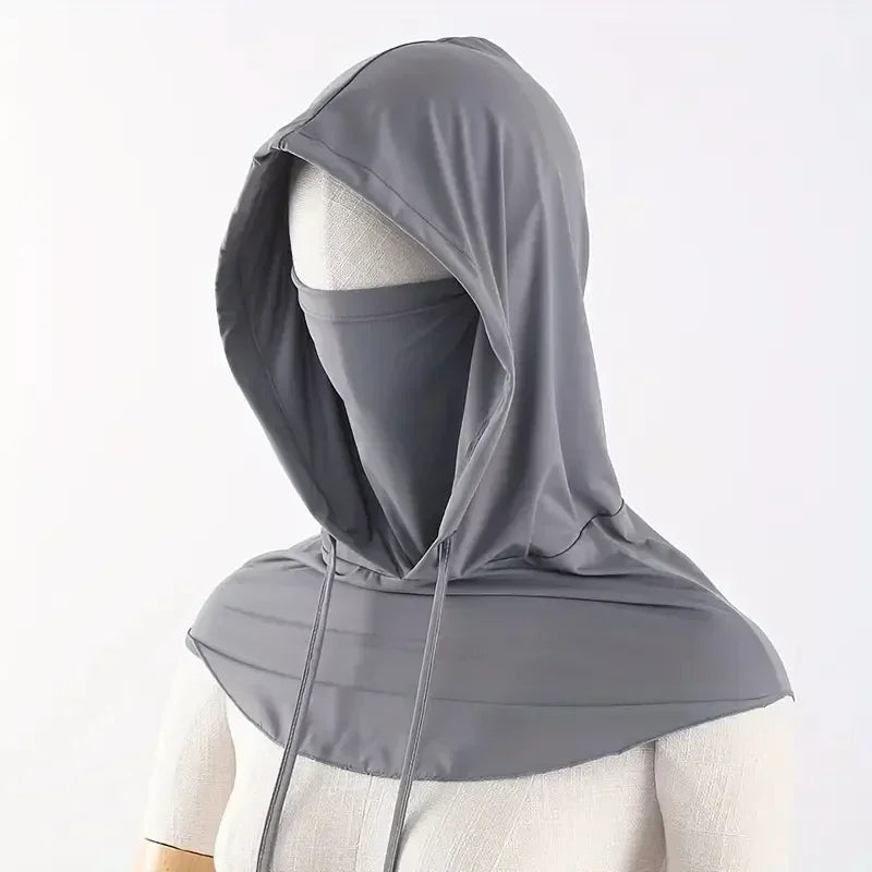 A gray lightweight sun protection hood is displayed on a mannequin.