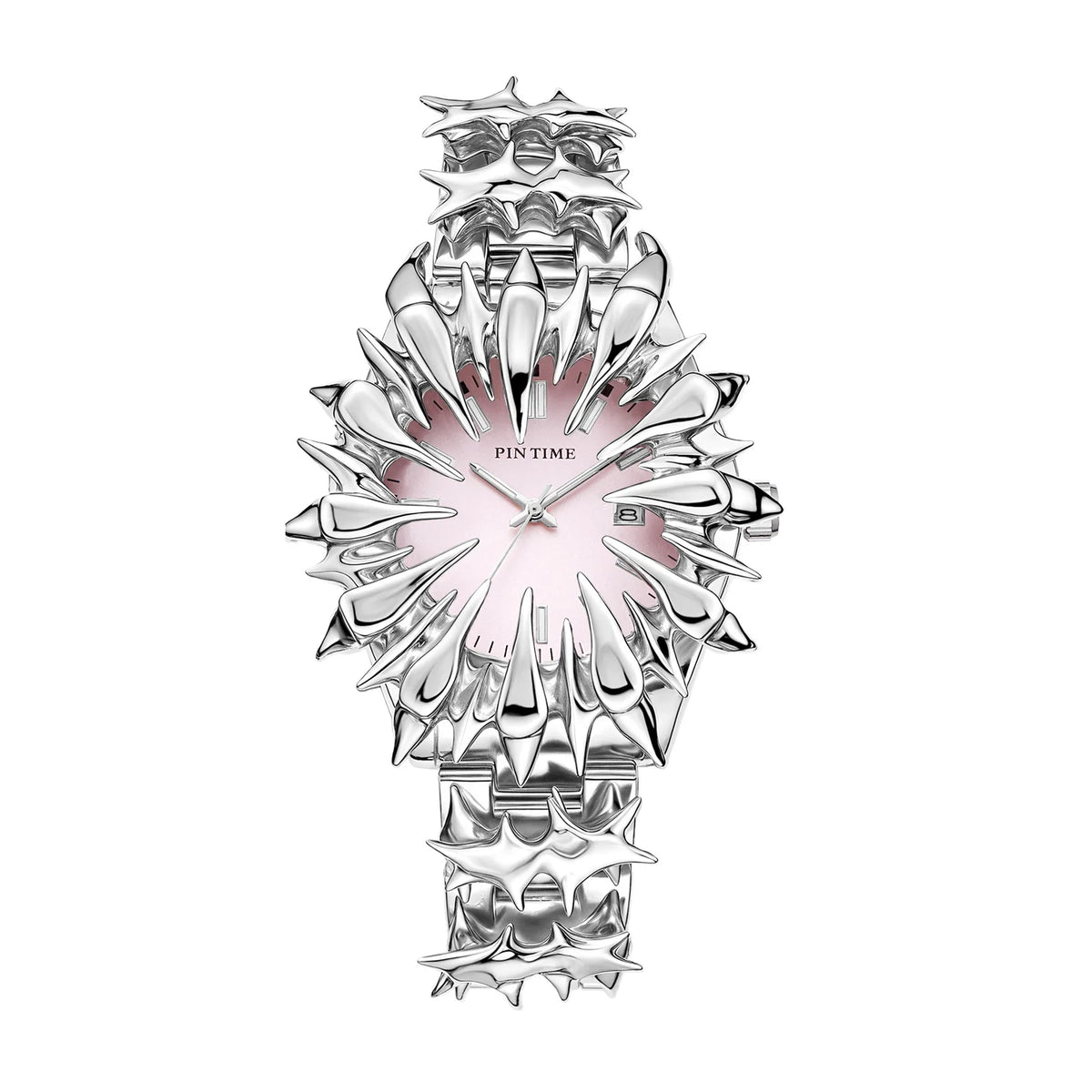 Silver quartz men's wristwatch featuring an exotic dragon scale design on the case and bracelet.
