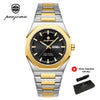 A silver and gold-toned watch with a black dial and stainless steel bracelet, presented with its box.