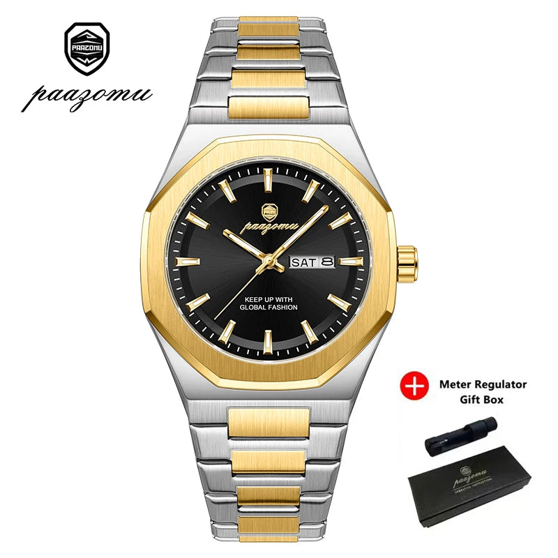A silver and gold-toned watch with a black dial and stainless steel bracelet, presented with its box.