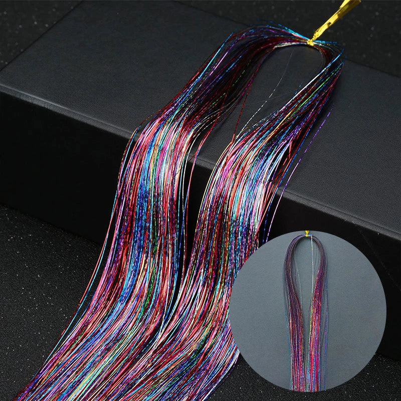 Rainbow glitter hair extensions shown in a bundle with a close-up detail view