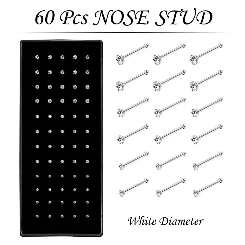 Set of 60 pieces of white diameter fashion crystal stainless steel nose studs for piercing