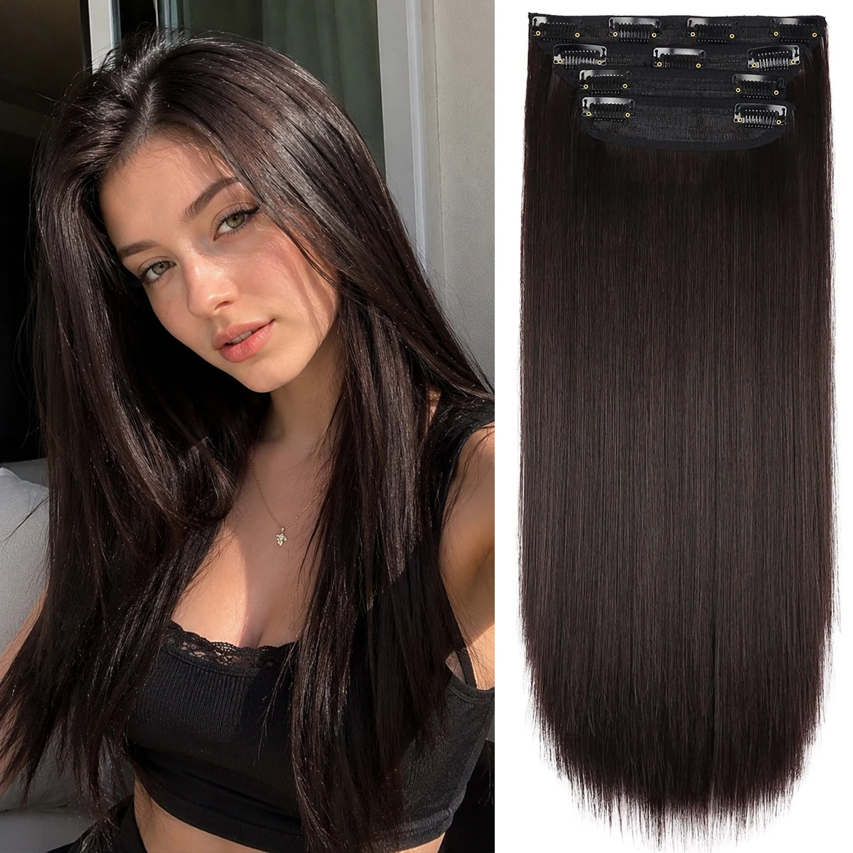 A woman models long, straight, dark brown synthetic hair with silver clips.