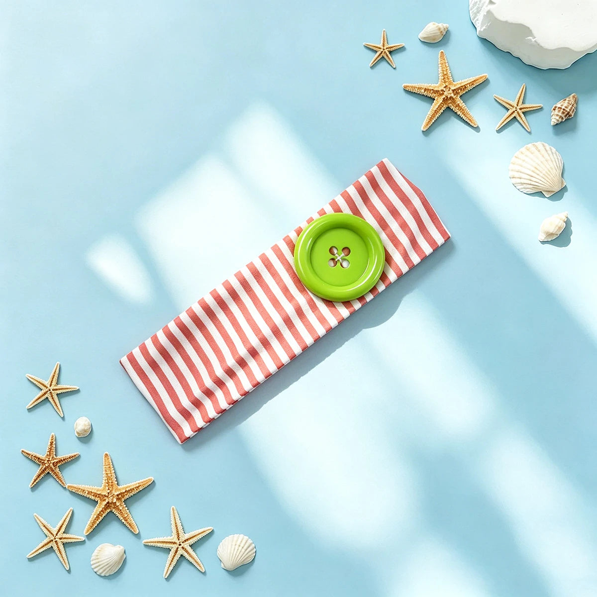 A striped red and white headband with a green polka dot button resting on a light blue background surrounded by starfish and 