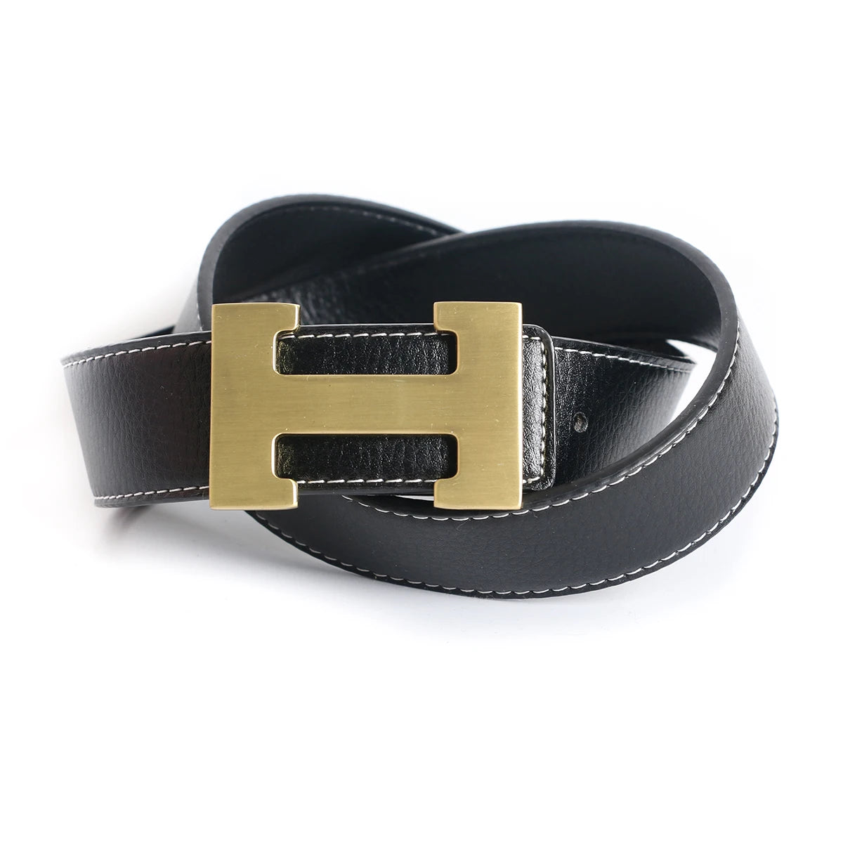 A black genuine leather dress belt with a brass buckle is shown on a white background.