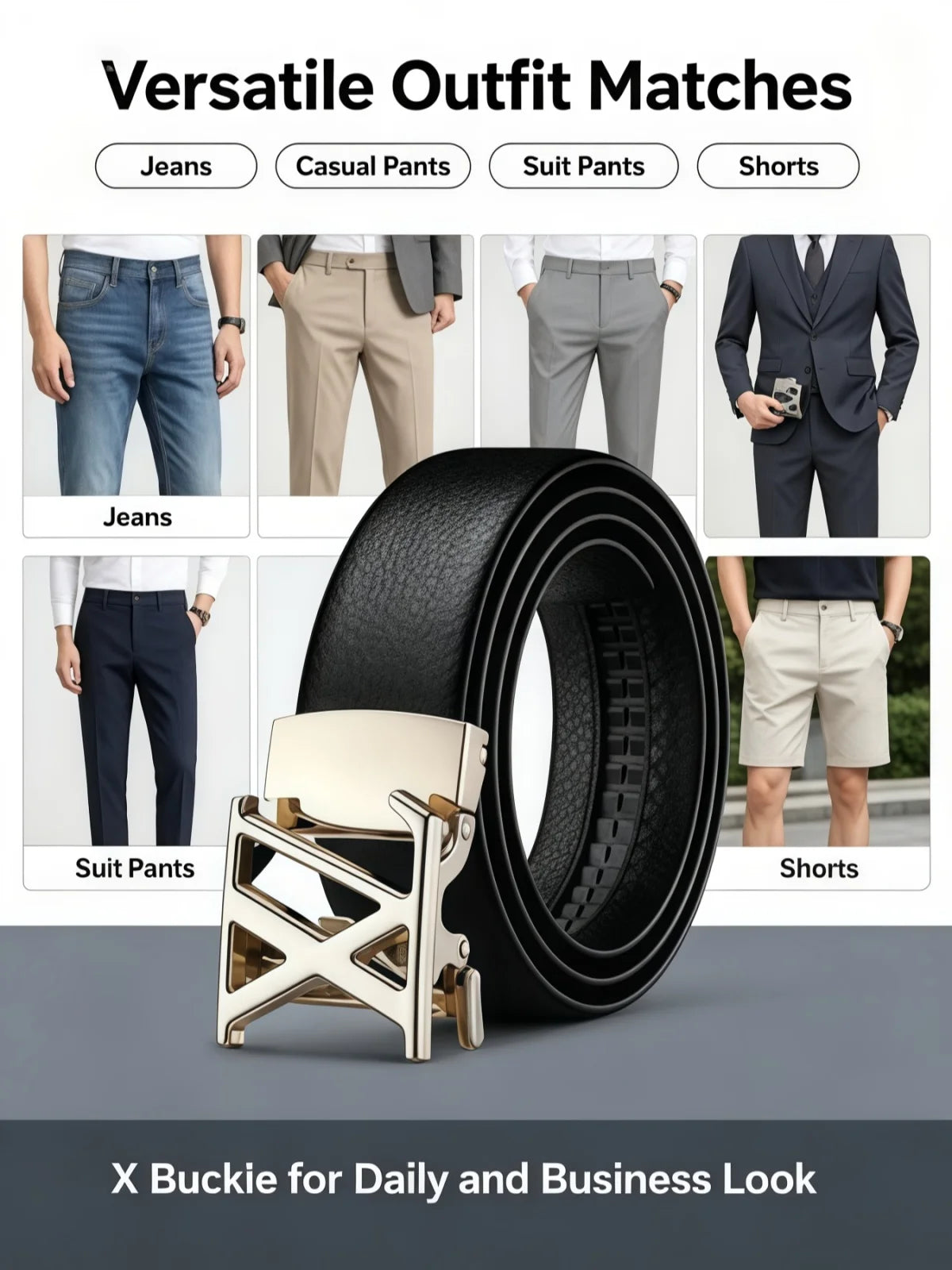 A black auto-lock belt with a litchi grain leather strap and a silver metal X buckle displayed next to various clothing optio