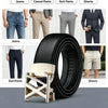A black auto-lock belt with a litchi grain leather strap and a silver metal X buckle displayed next to various clothing optio