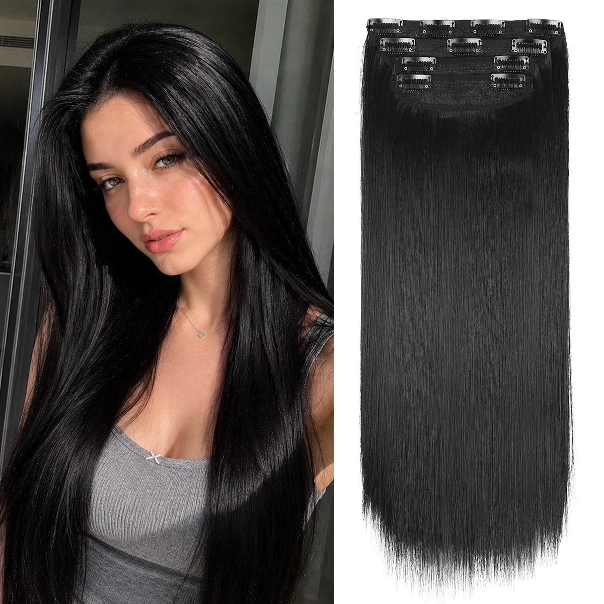 A close-up photo of a woman modeling long, straight black hair with synthetic ombre clips.