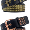 A black leather belt with brass buckles and square bead rivet pyramid detailing.
