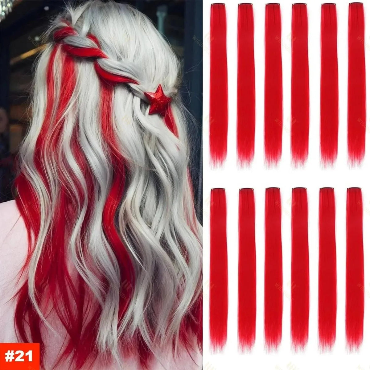 Extensions de cheveux ondulés longs avec des reflets rouges et argentés