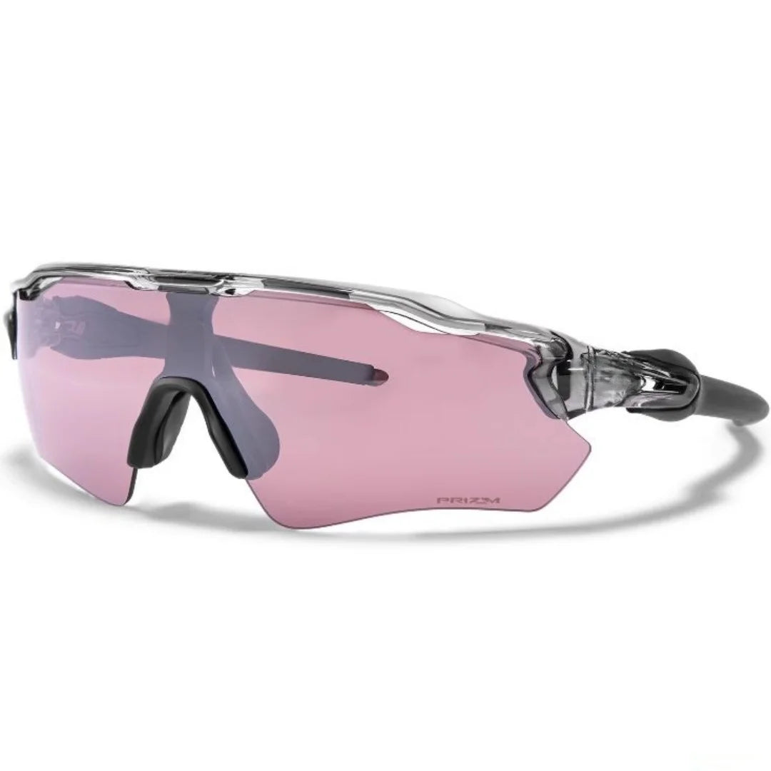 Pink polarized cycling sunglasses with a clear frame and dark lenses