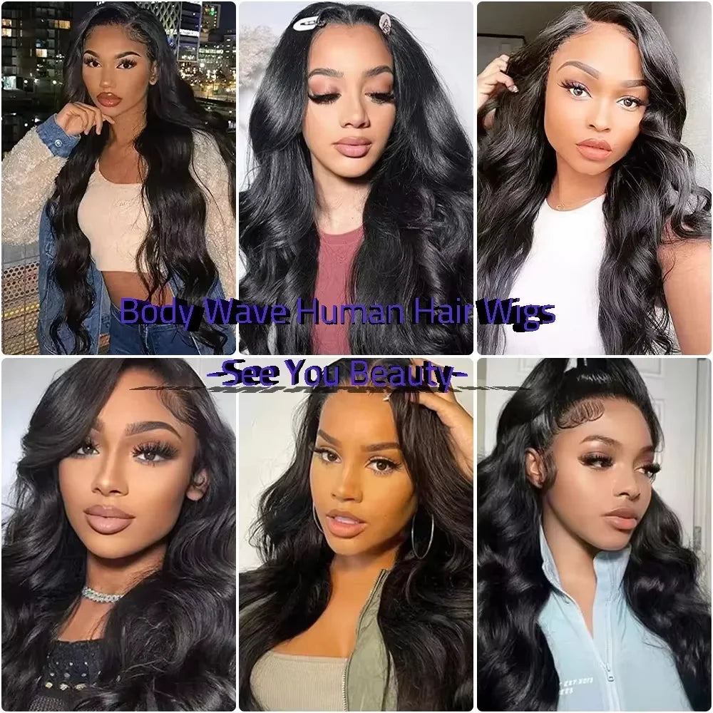 A collage of models showcasing long body wave human hair wigs with HD lace fronts in various shades and styles.