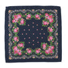 A dark blue square scarf featuring a detailed floral print with pink and green roses and foliage.