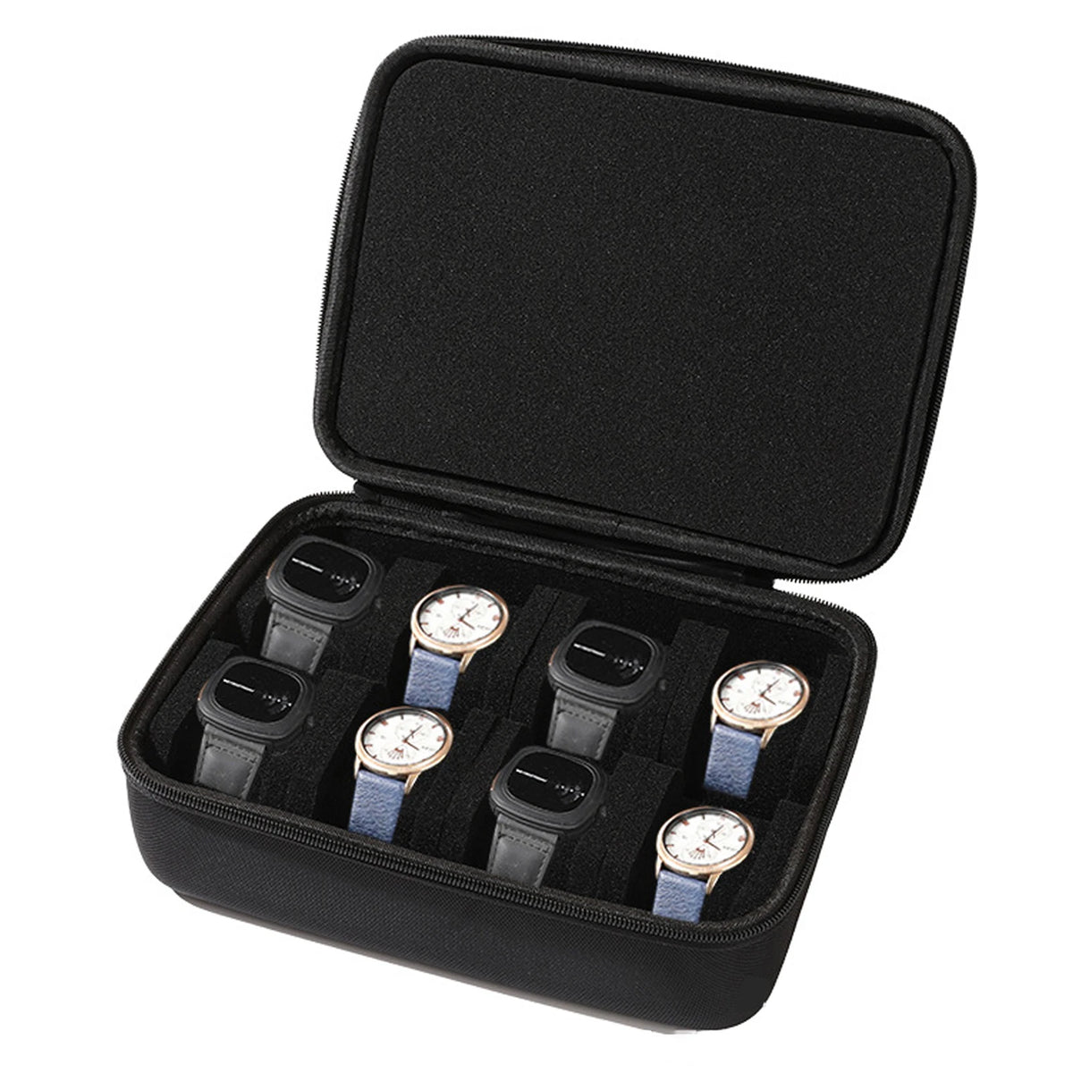 Black leather watch travel case organizer with multiple watches inside