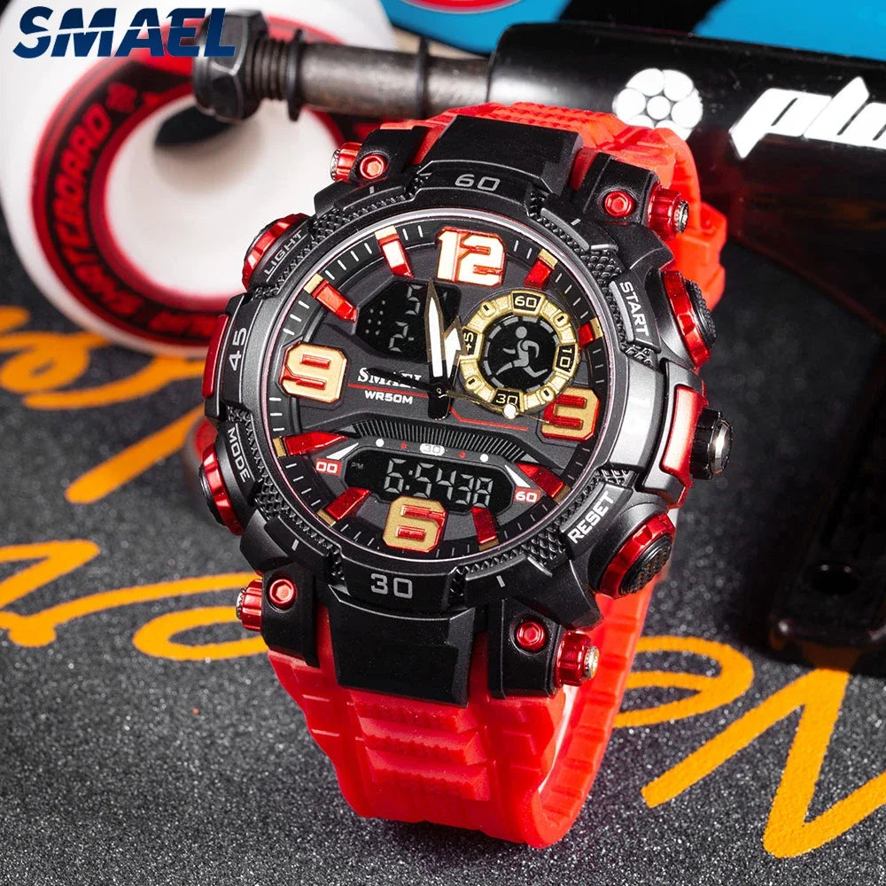 A close-up shot of a red digital wristwatch with black accents and a dark face, resting on a black surface.