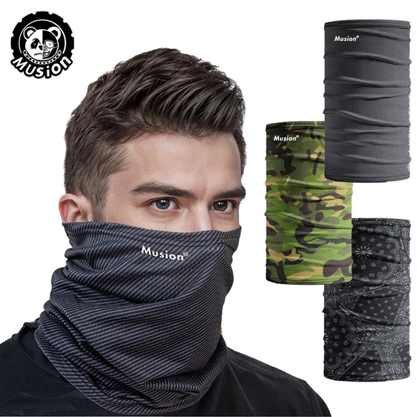 A man wearing a black patterned Musion mask scarf, with various colors shown beside it.