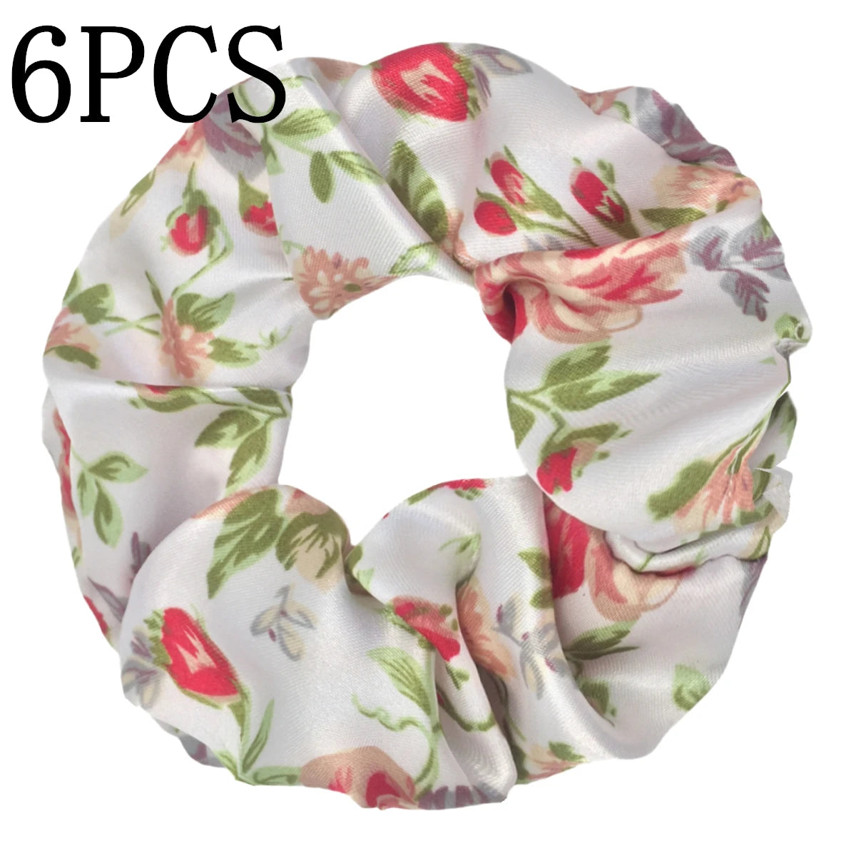 Un set de seis gomas de tela con estampado floral de satén para el cabello en tonos rosa, rojo y verde.