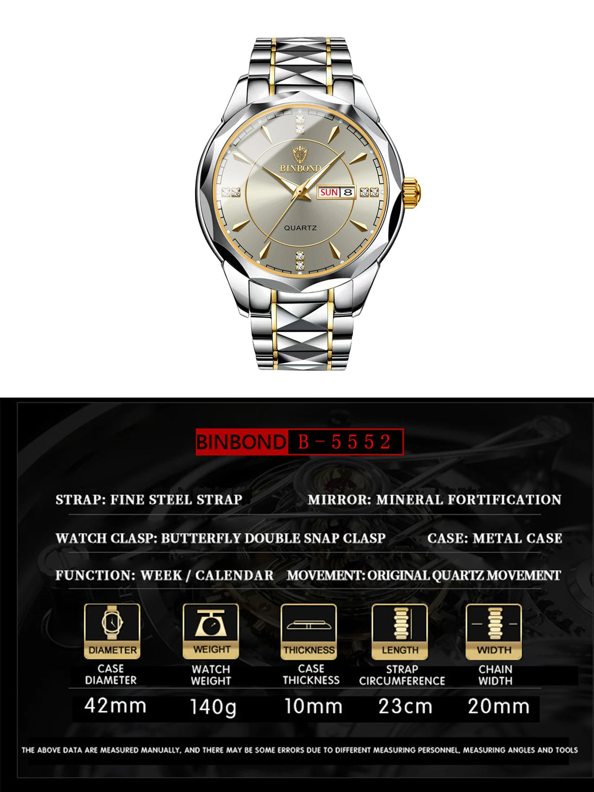 A silver and gold-toned quartz watch with a metal bracelet and a diamond-encrusted dial.