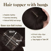 A close-up of a black hair topper with bangs, showing the base size and anti-slip clips.