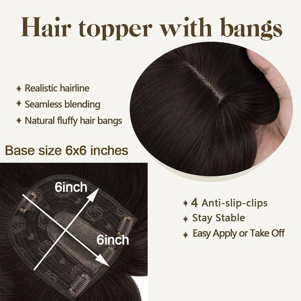 A close-up of a black hair topper with bangs, showing the base size and anti-slip clips.