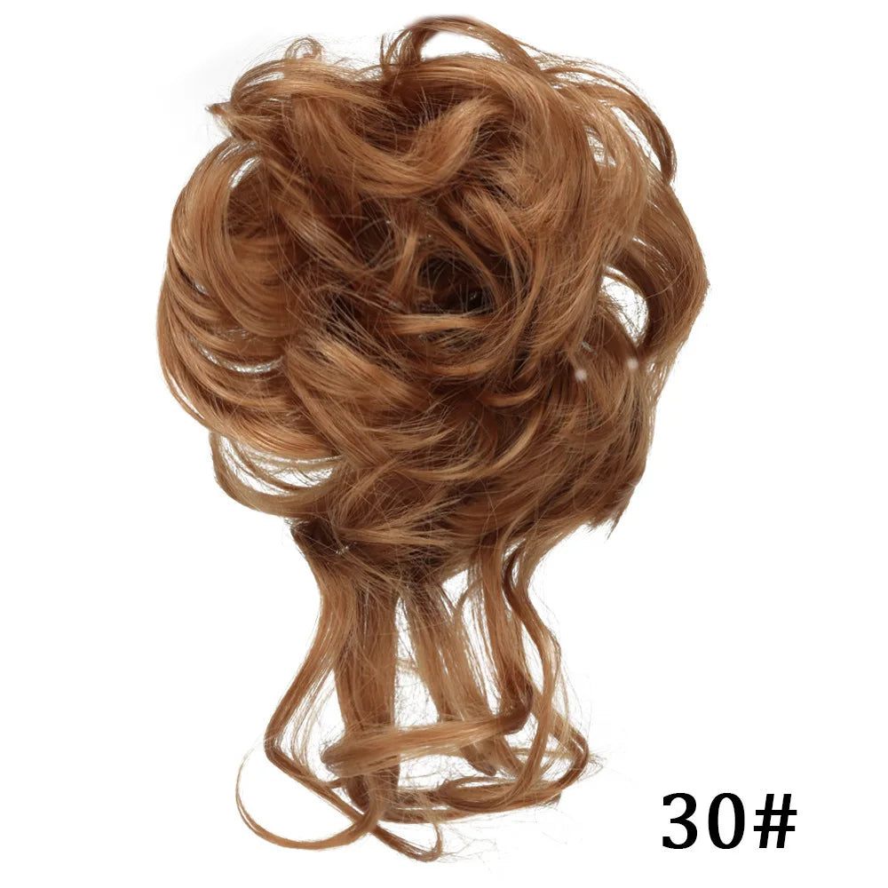 A bundle of reddish-brown messy synthetic hair used for a bun or styling