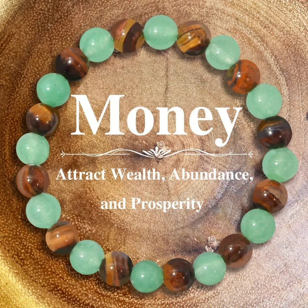 A circular bracelet made of polished green and brown natural stone beads, symbolizing money, wealth, abundance, and prosperit