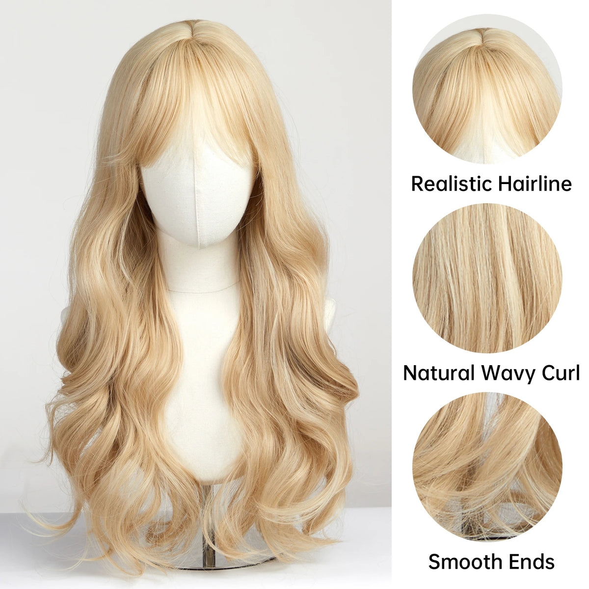 A long, wavy blonde wig displayed on a mannequin showing realistic hairline and smooth ends.