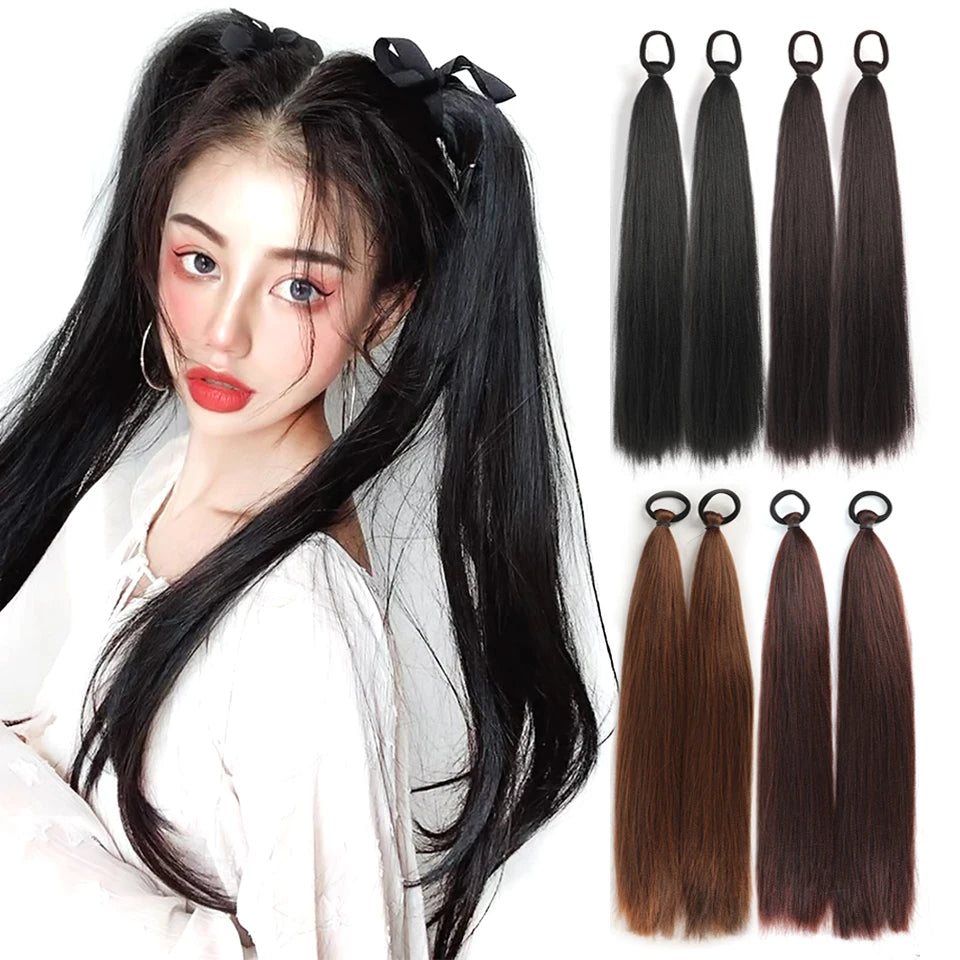 A woman models long straight black hair extensions with a black bow and white top.