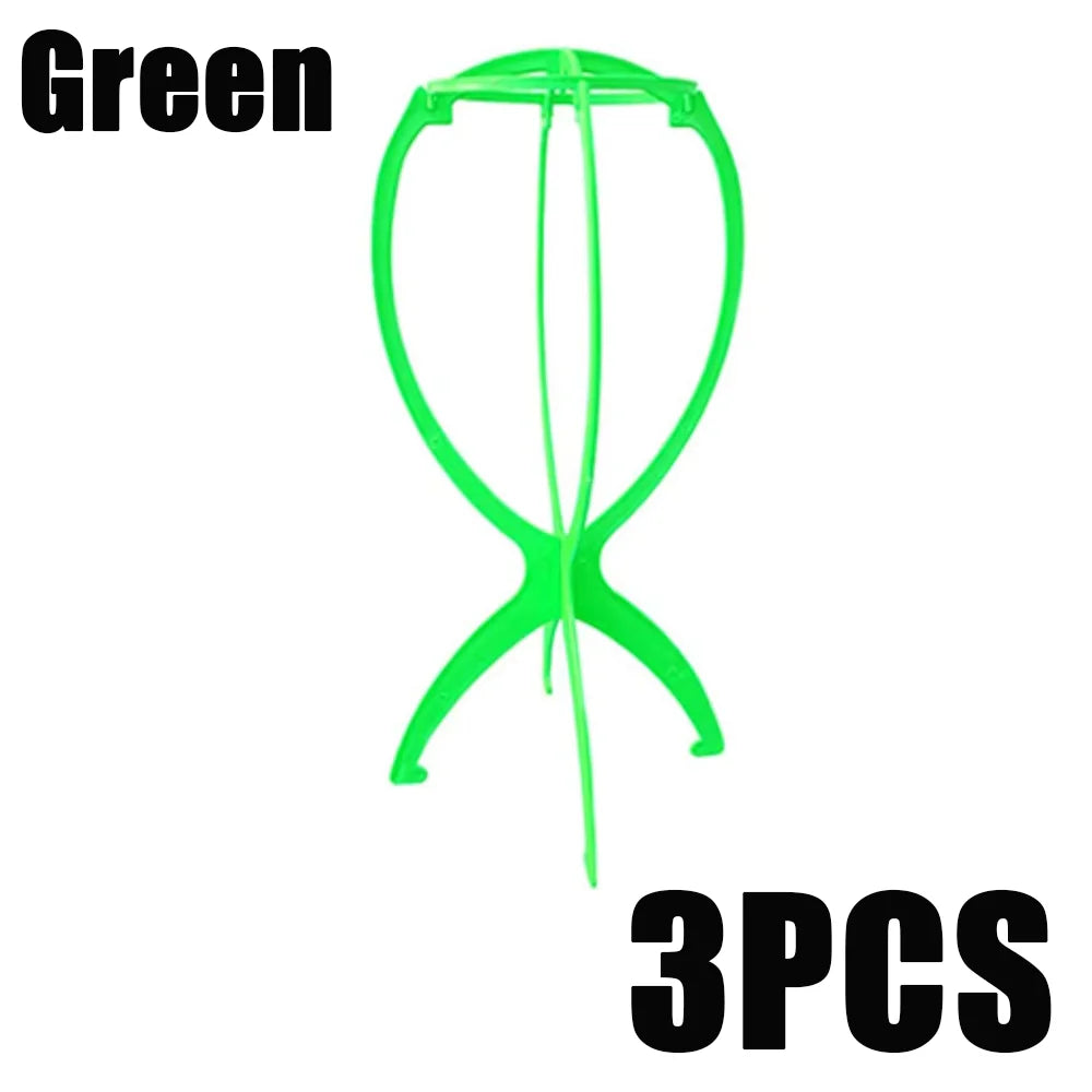 Soporte plegable portátil de peluca verde brillante con marco curvo.