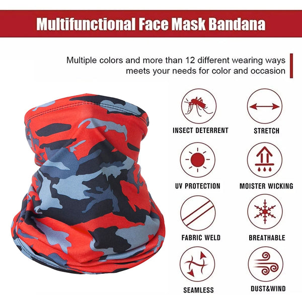 A red and gray camouflage multifunctional face mask bandana shown with various features like insect deterrent, UV protection,
