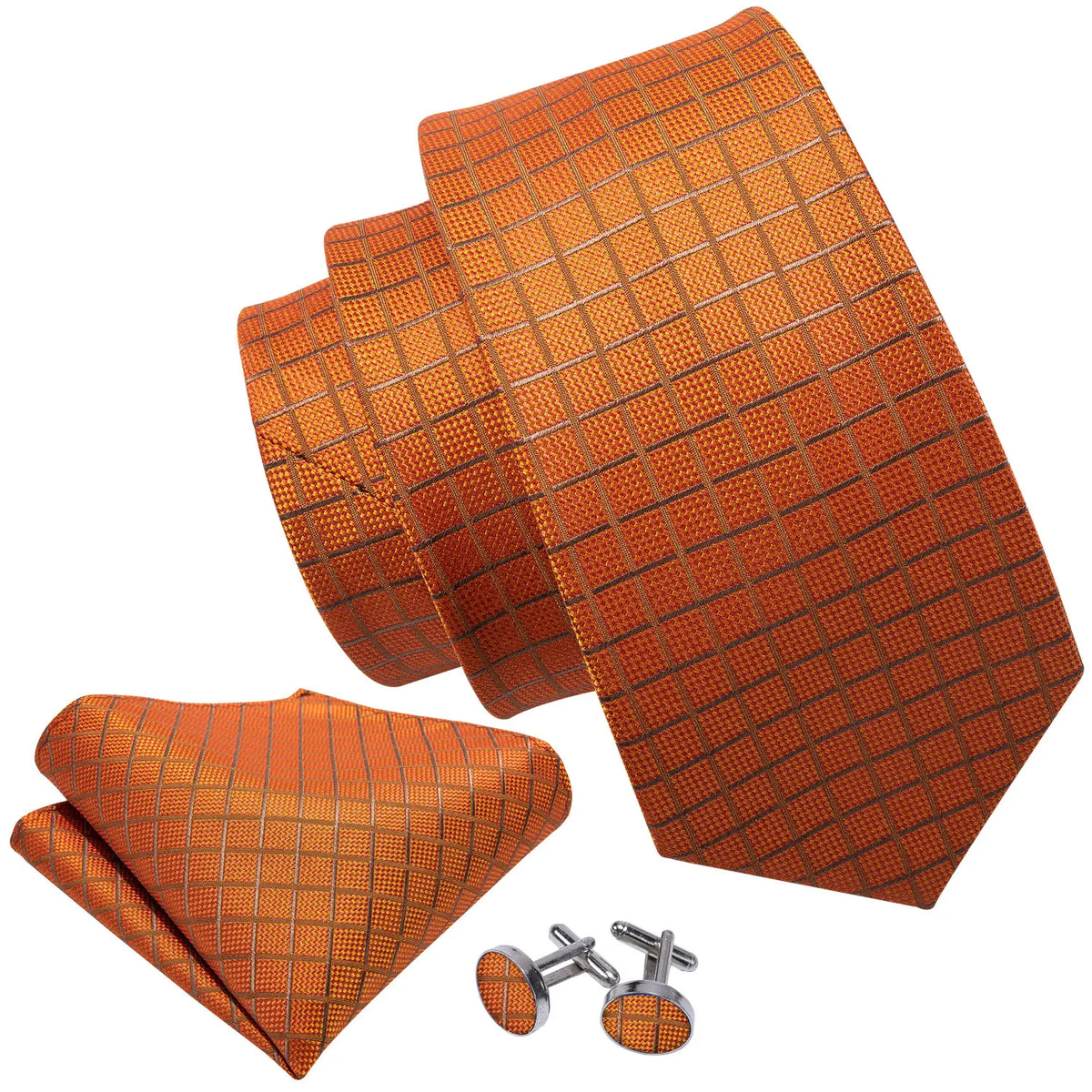 A set of three orange silk jacquard ties and a pair of silver tie clips.