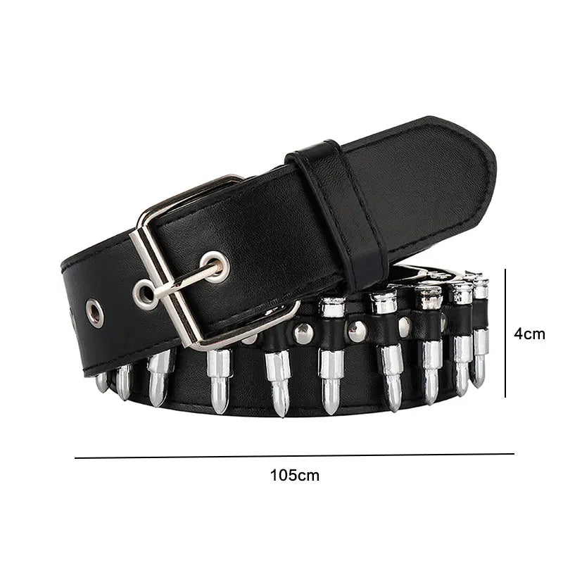 Black leather goth punk belt featuring a buckle and multiple bullet studs.