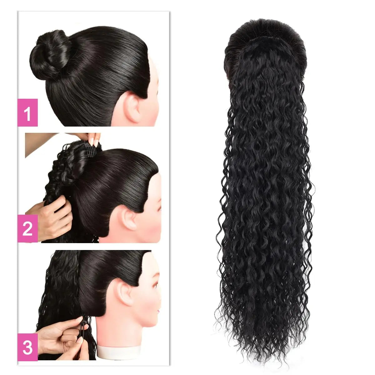 Three steps showing how to style a 24-inch long curly wave drawstring ponytail hair extension