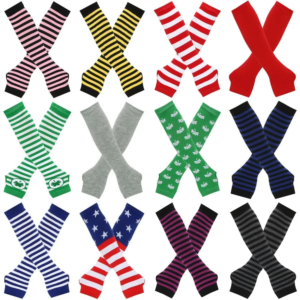 A collection of knitted fingerless gloves featuring various patriotic patterns and colors like red white and blue stripes and