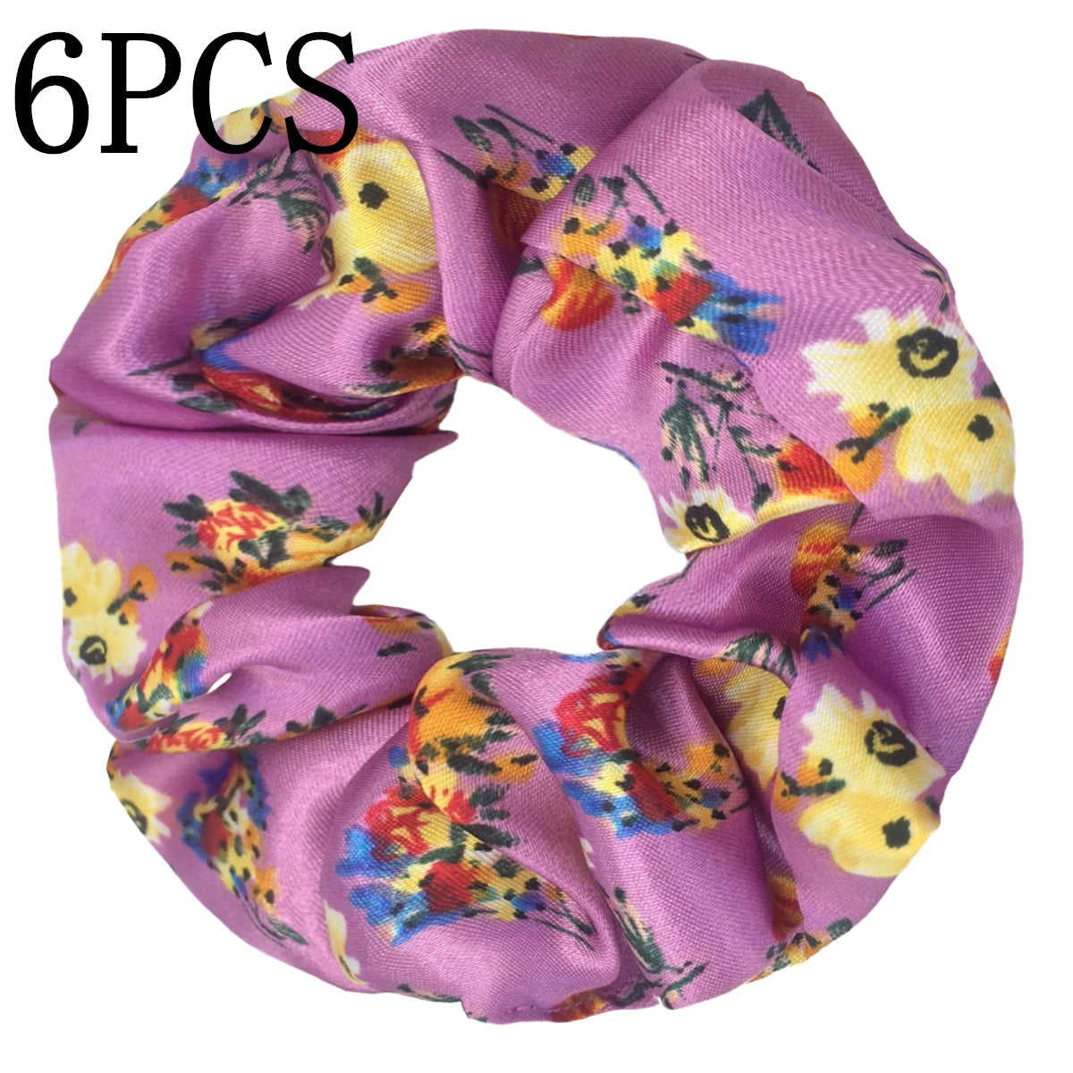 Un set de seis gomas de tela con estampado floral de satén en tonos morados y amarillos.