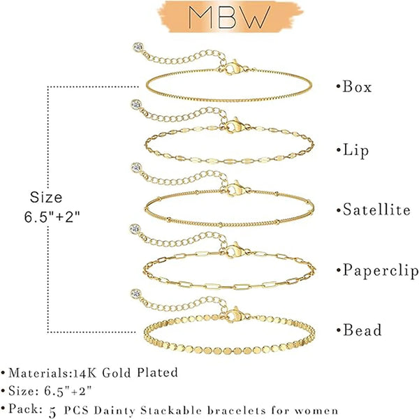 A set of five dainty gold plated stackable bracelets for women featuring box, lip, satellite, paperclip, and bead styles.