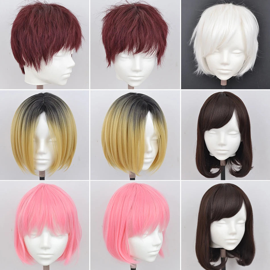 A grid of nine wigs displayed on a mannequin head showing various shades of red, brown, blonde, and pink hair.