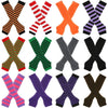A collection of knitted fingerless gloves featuring various striped patterns and solid colors.