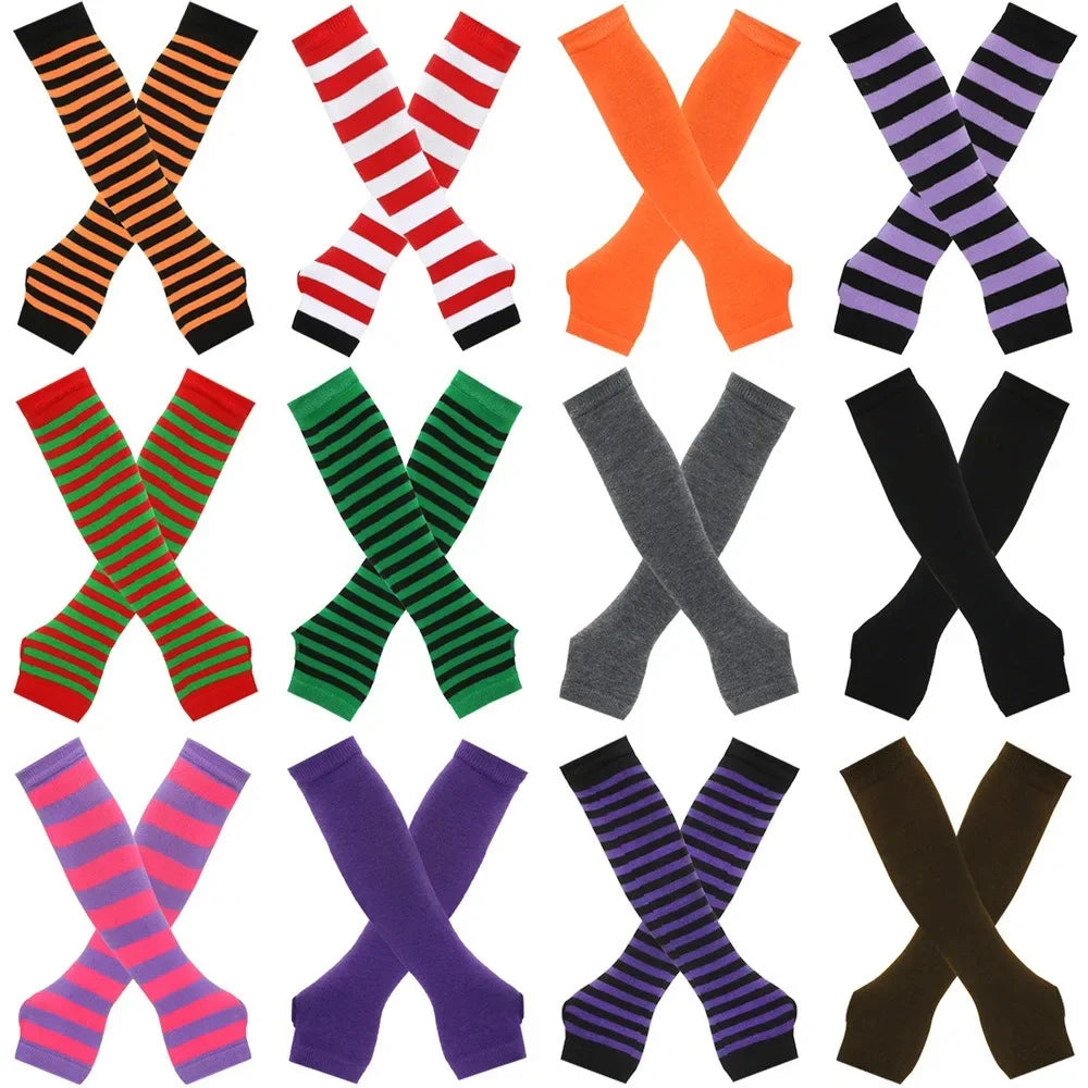 A collection of knitted fingerless gloves featuring various striped patterns and solid colors.